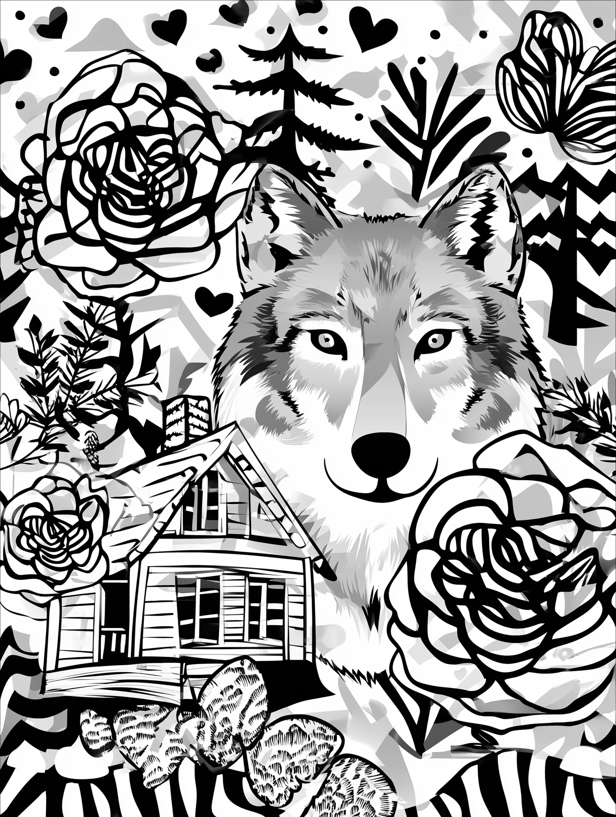 Free printable wolf coloring page for adults featuring a wolf next to a cabin